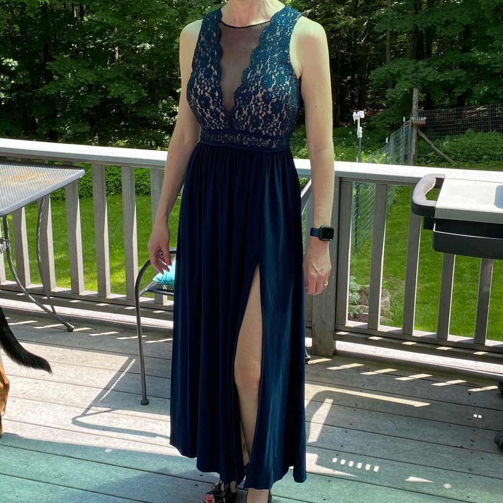 NW Nightway Sequin Navy Blue Evening Long Dress 6 Altered FLAWS Prom Gown Musty